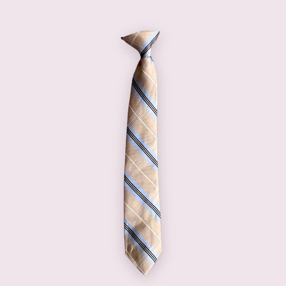 Boy's CLIP-ON Neck Tie in Tan with Light Blue, Black and White Stripes - Picture 1 of 7